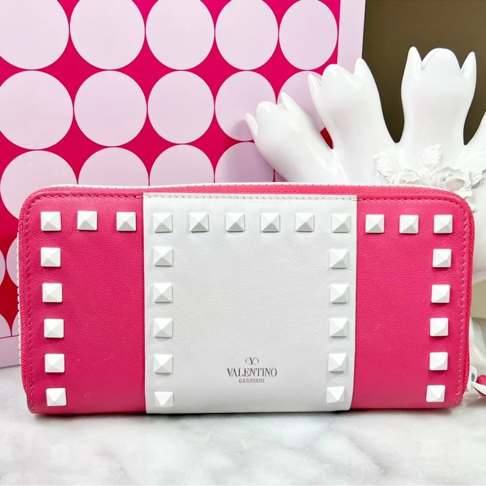 Valentino Garavani Pink & White Vitello Colorblock Rockstud Zip Around Wallet